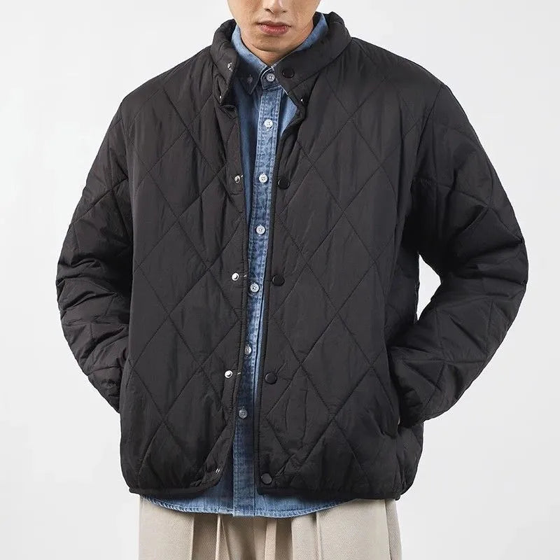 Men's black winter jacket with diamond lattice pattern and lengthened 100cm design