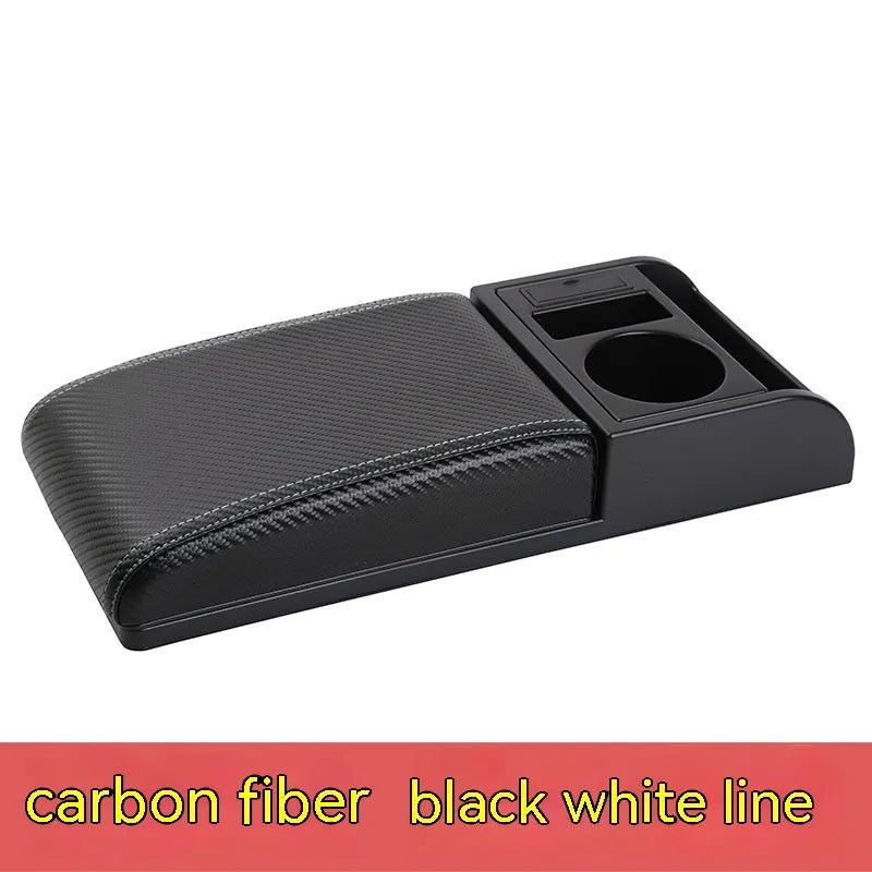 Universal plastic car armrest cover showing black PU leather and carbon fibre pattern options with red cord detailing