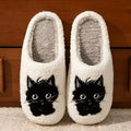 White plush slippers with Black Beard Cat cartoon couple pattern and non-slip sole.