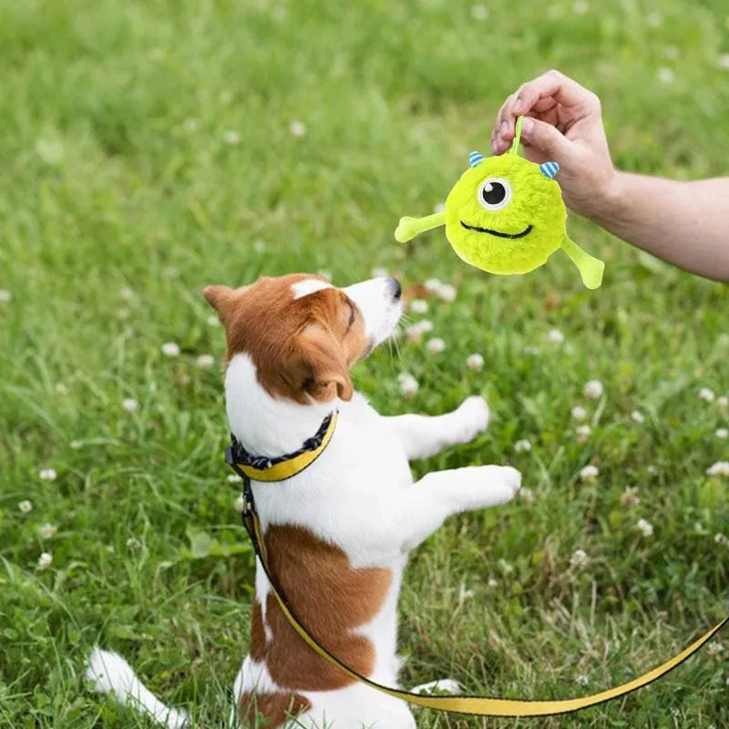 Green plush and TPR dog toy ball with bite-activated sound for teething puppies