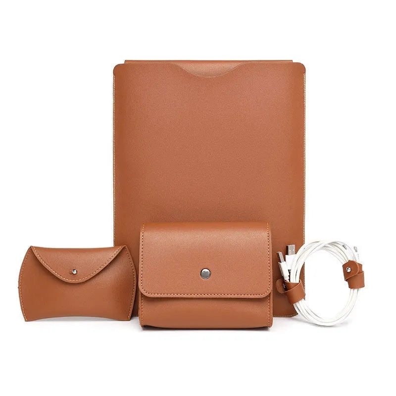 Four piece set of lock edge imitation leather laptop liners in brown gray apricot and light pink for MacBook and tablets