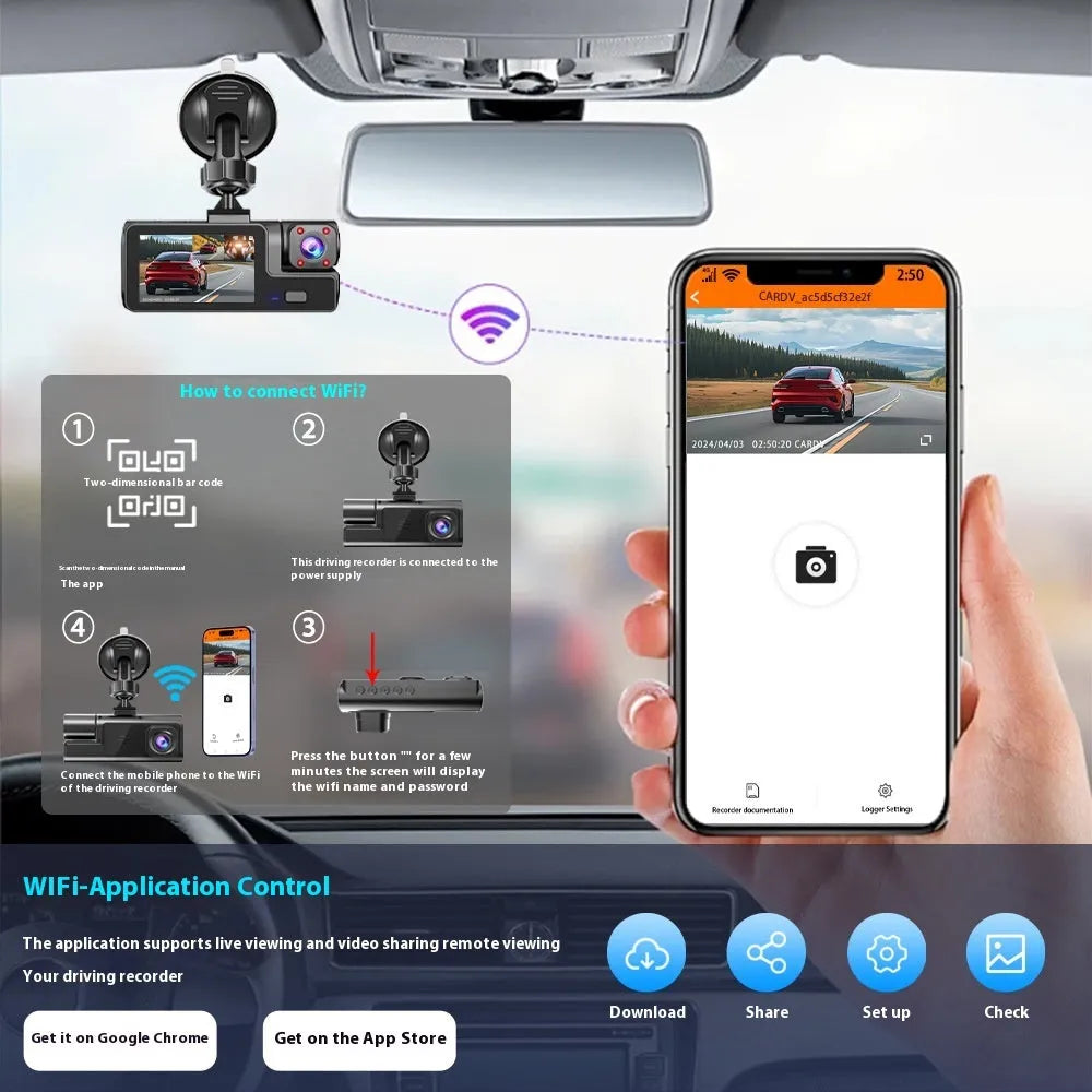 Black WiFi driving recorder with 2-inch screen mounted on a car windscreen.