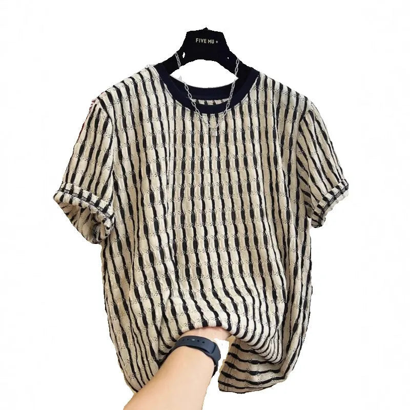 Black and white striped men's loose fit short sleeve casual pullover shirt