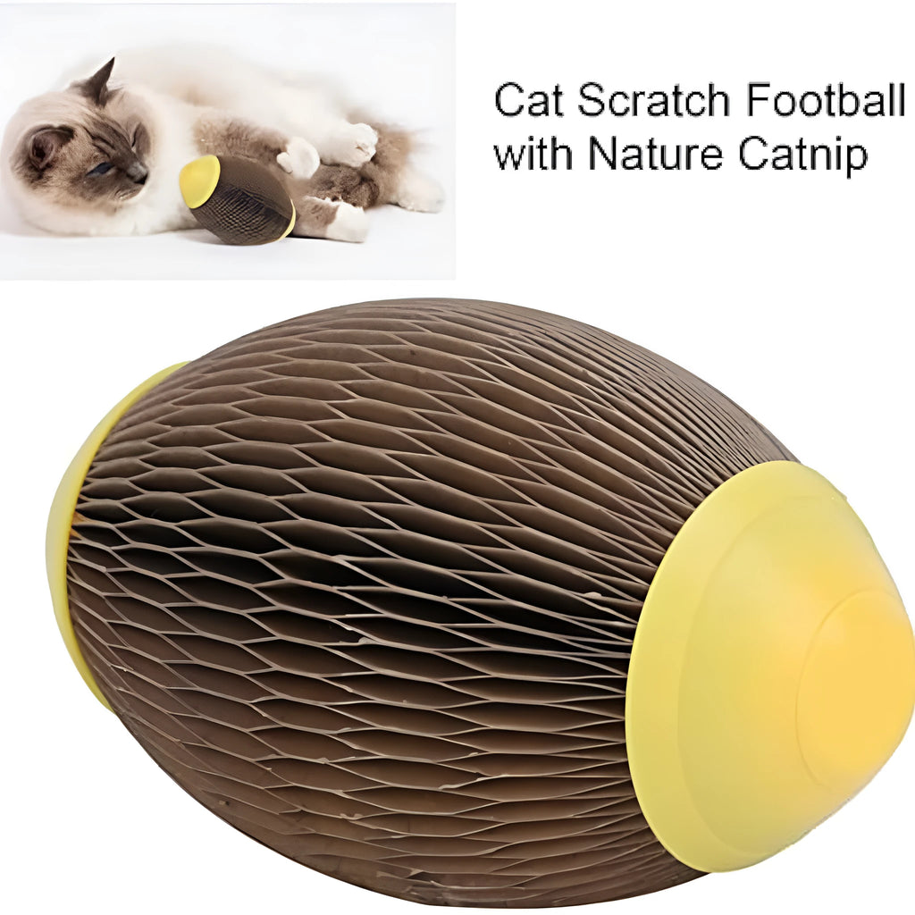 Elliptical catnip scratch football toy made from recycled corrugated paper.
