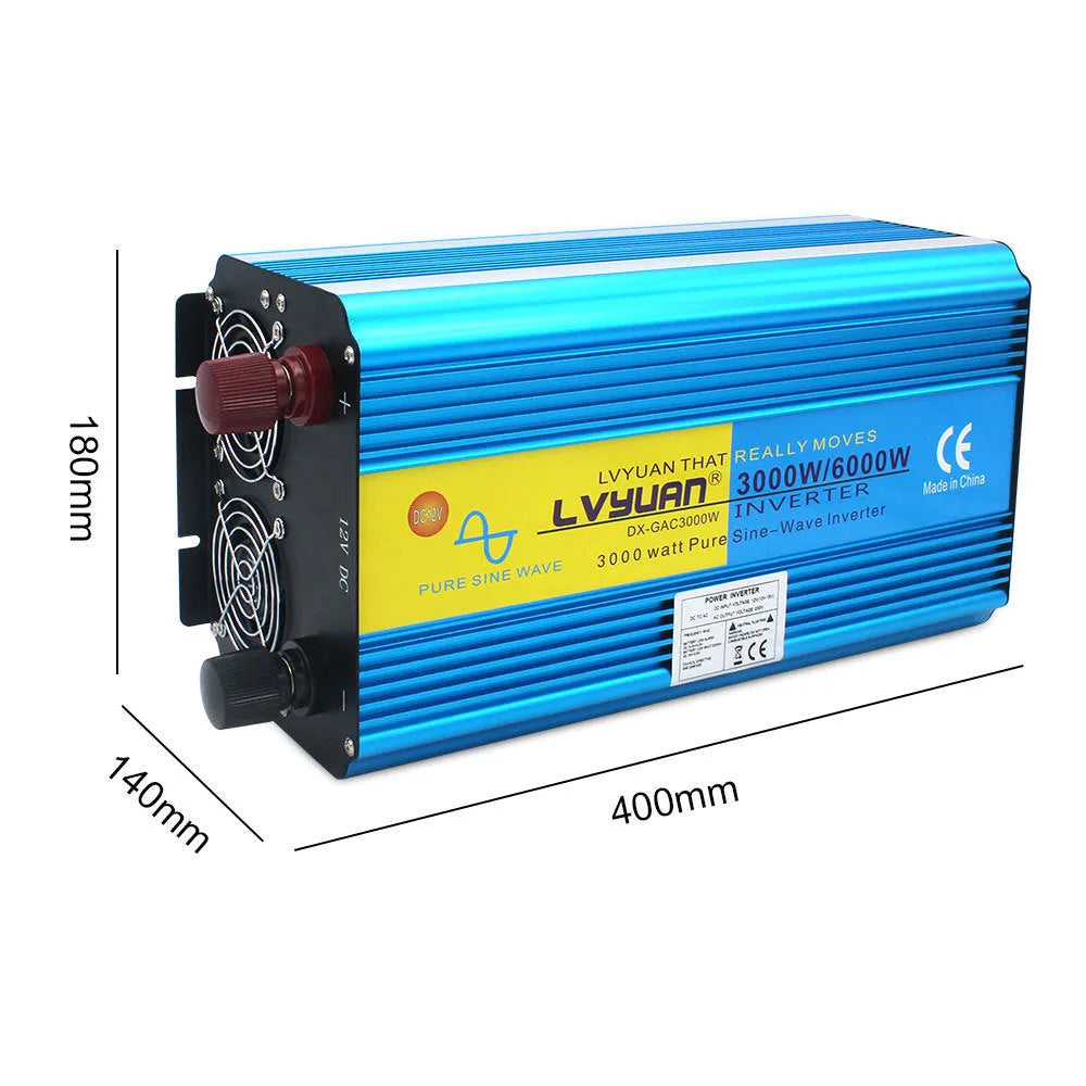 Blue 3000W pure sine wave car power inverter with digital displays and UK sockets