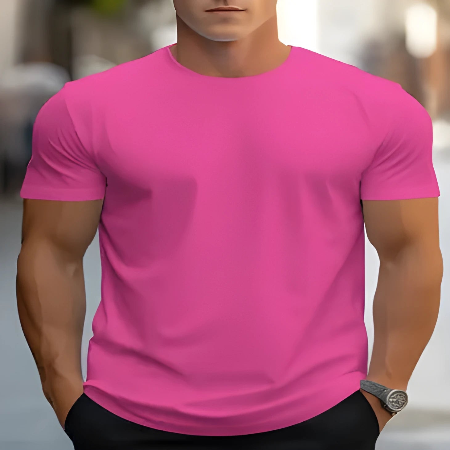 Men's loose fit printed polyester t-shirt with round neck and short sleeves
