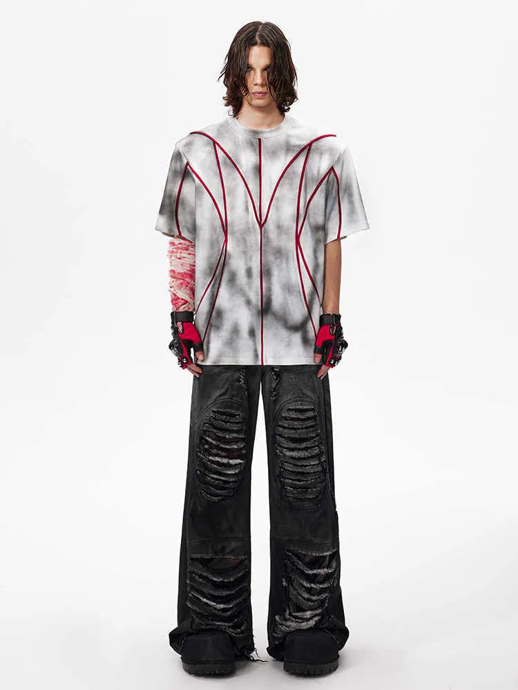 Women's padded shoulder t-shirt with textured patchwork design on short sleeves and round neck