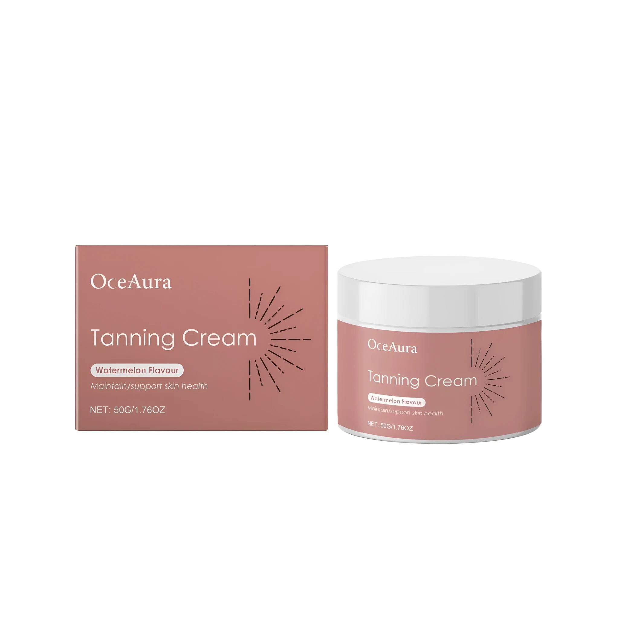 50g jar of tanning cream containing glycerin, mineral oil, watermelon and walnut shell extracts.