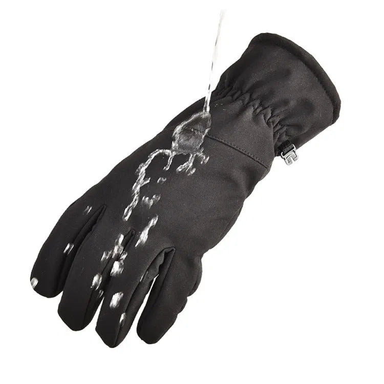A pair of tactical camouflage ski gloves laid flat, showing finger design and textured palm.