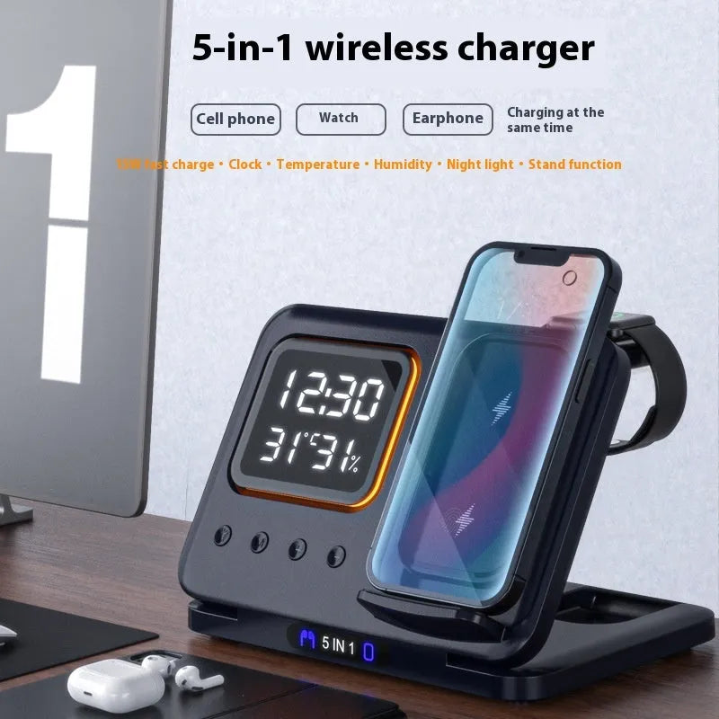 Black or white 5-in-1 wireless charging station with LED display showing time and temperature, charging phone and watch.