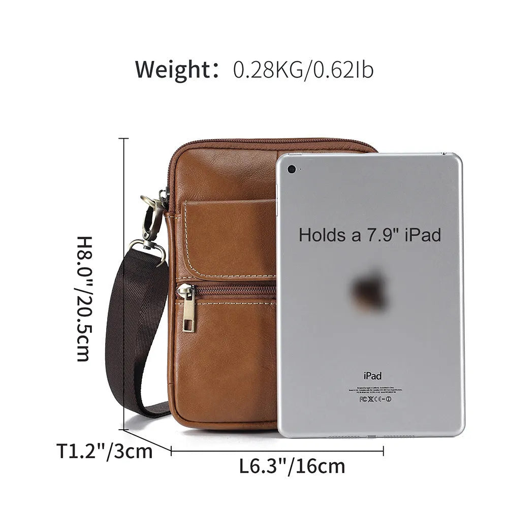 Men's brown leather crossbody shoulder bag showing sewing line details and strap