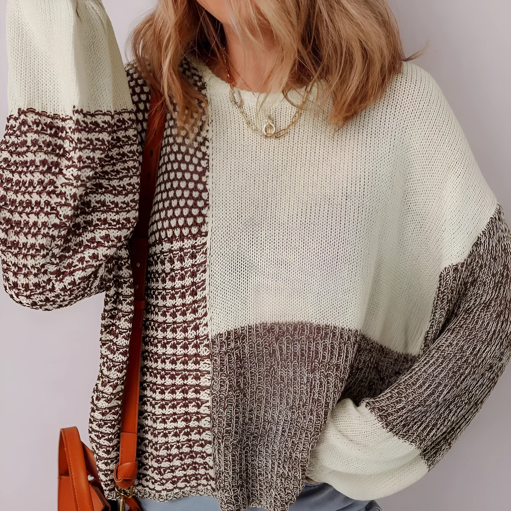Dark khaki colour block drop shoulder loose sweater with long sleeves and a back tie detail
