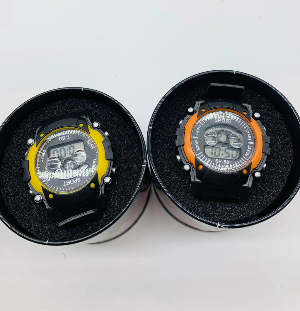 Children's digital sports watch with black plastic case, silicone strap, and luminous display showing time