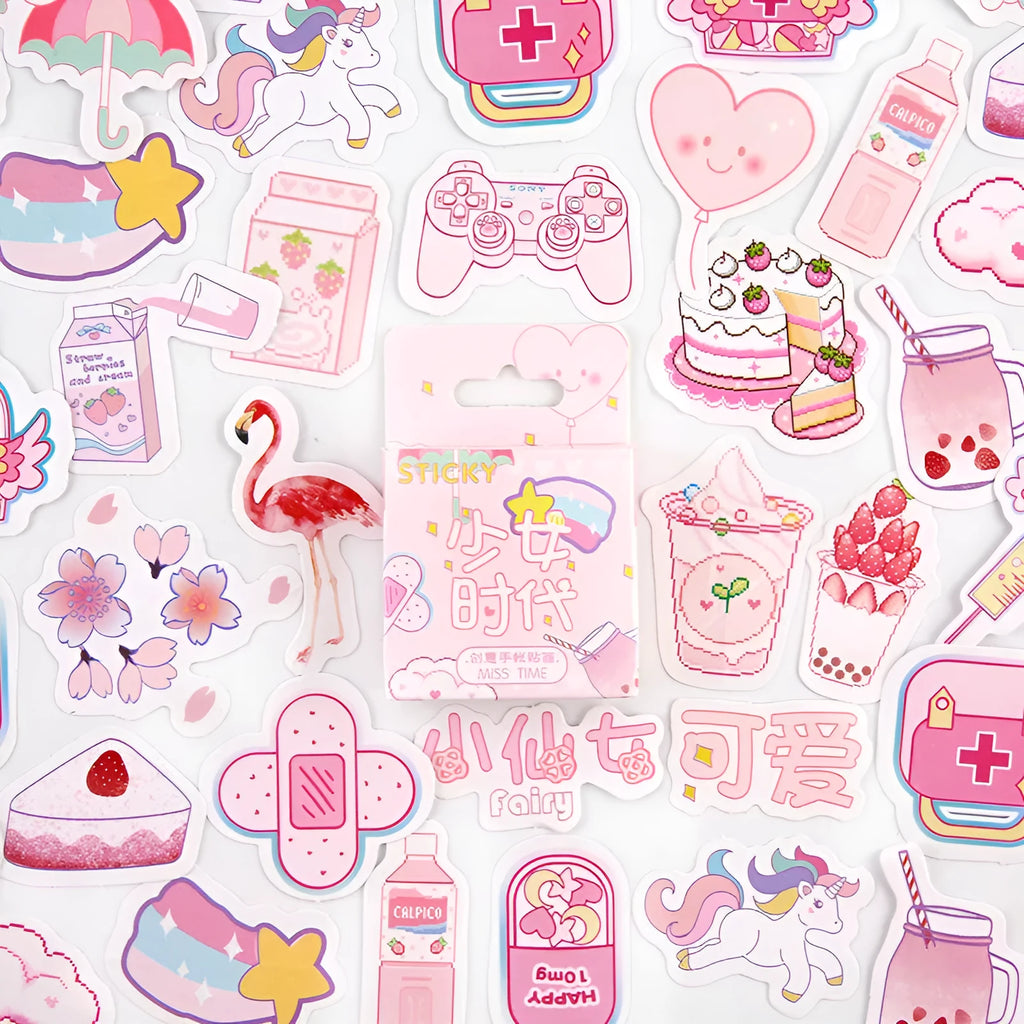 Children's decorative cartoon sticker pack showing small 30x37mm designs including Kamakura Story and Bubble Comic themes