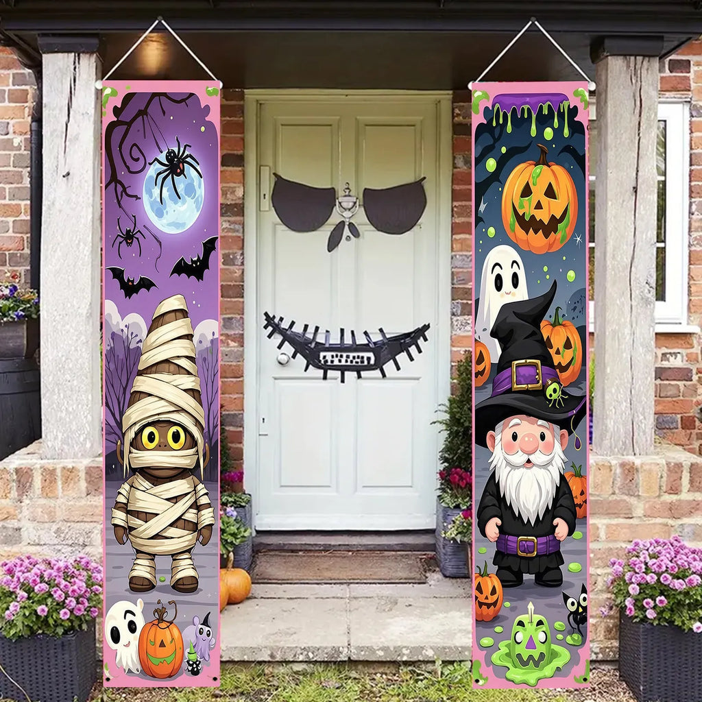 Pair of Halloween couplet banners measuring 30cm by 180cm for seasonal decoration