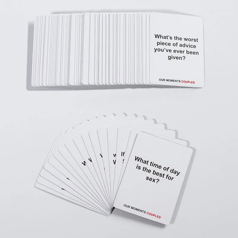Our Time Lovers Edition black box of communication cards for couples, showing coated paper cards for emotional exchange.