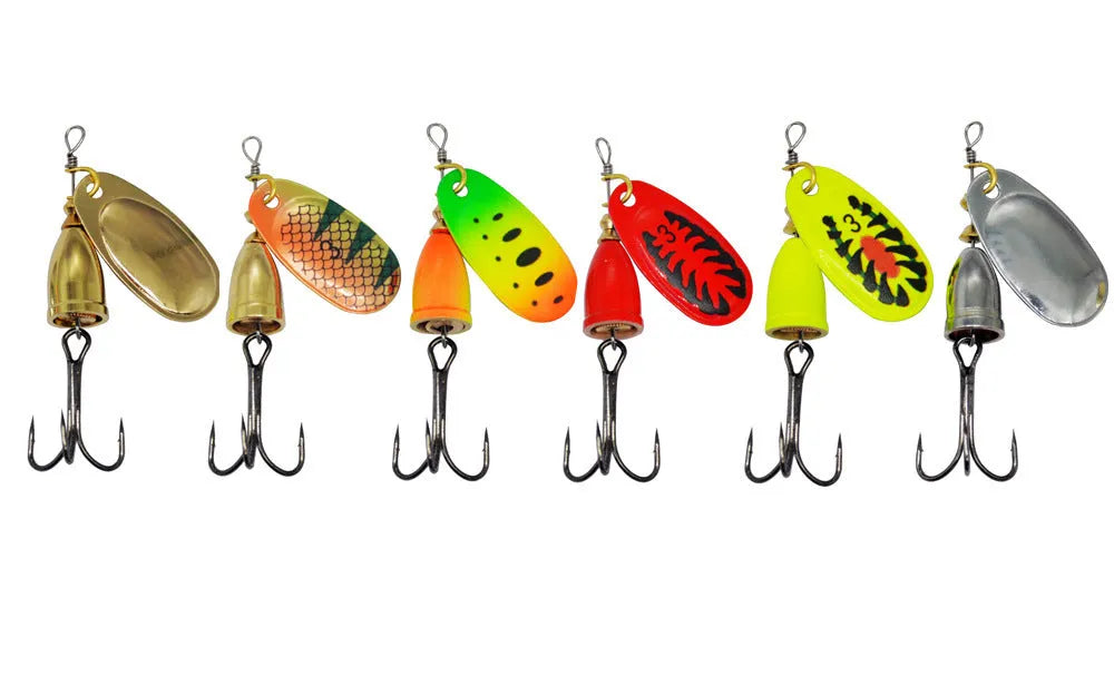 Composite rotating sequins copper bell metal fishing lure in seven colour options on a blue background.
