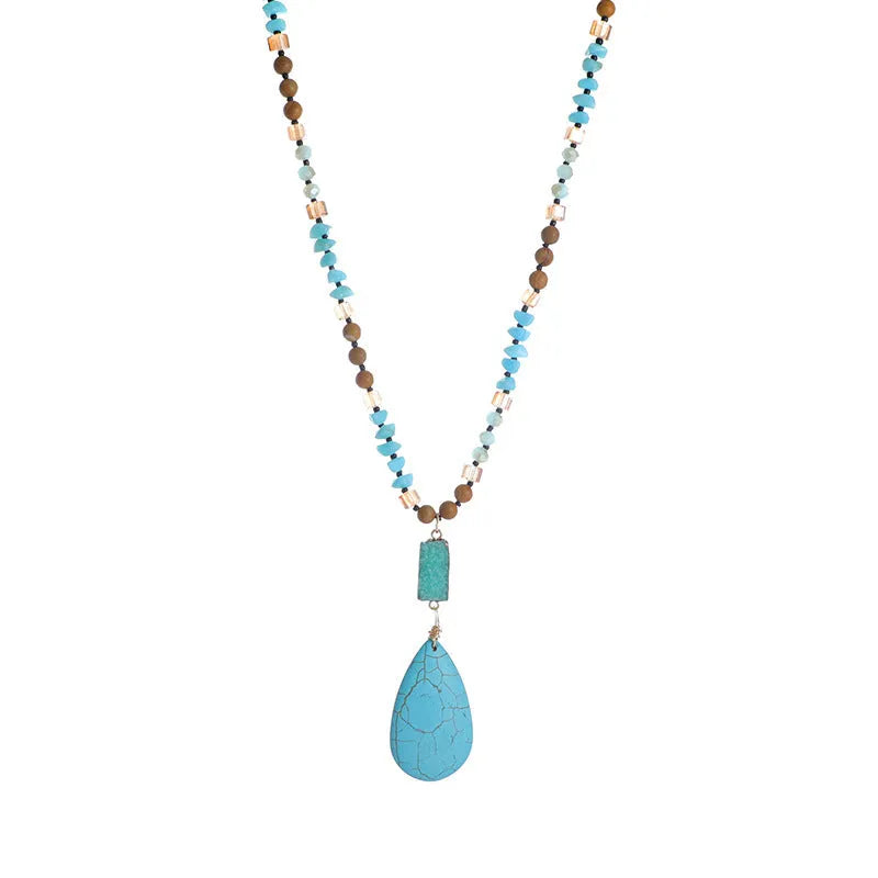Turquoise blue heart-shaped pendant necklace with mixed gemstone inlay on 81cm ball bead chain