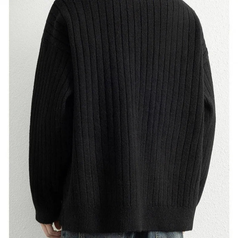 Men's grey half-zip textured knit sweater with loose fit and long sleeves