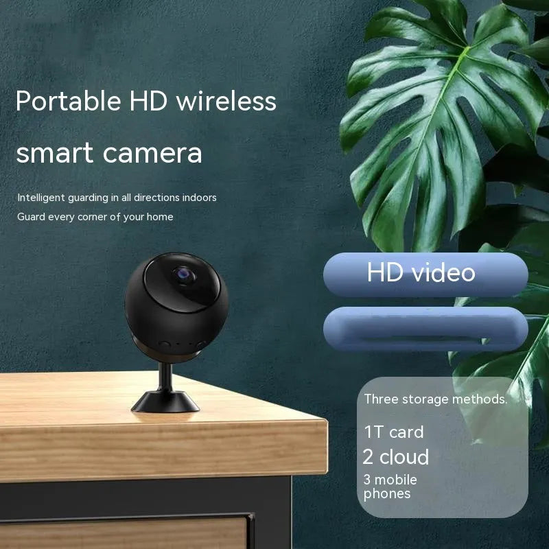 1080p wireless WiFi surveillance camera with ABS plastic housing on a flat surface.