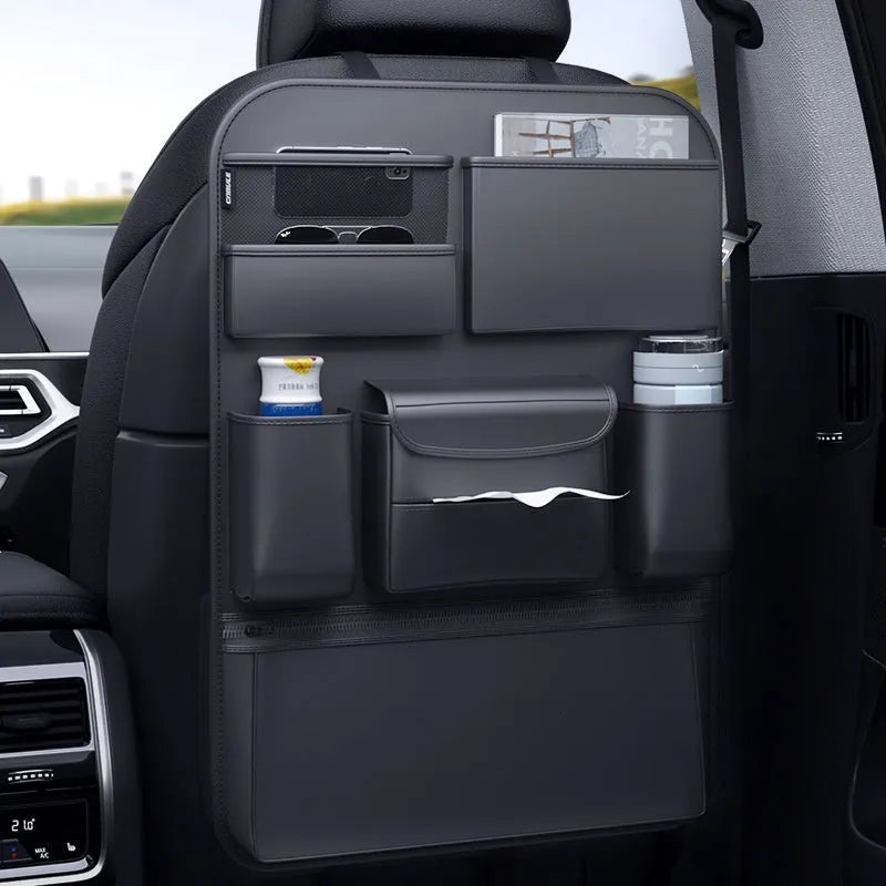 Black leather car seat back storage hanging bag with handle shown in large and small size options