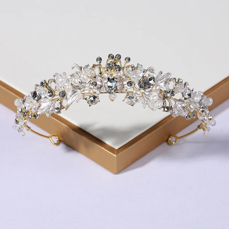 Pearl crown headdress hair accessory with electroplated gold or silver finish and alloy construction