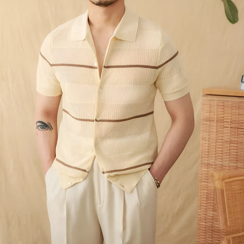 Camel coloured short sleeve linen cotton cardigan with lapel collar on a hanger
