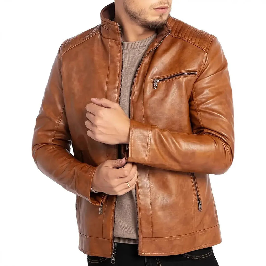 Men's brown artificial leather punk motorcycle jacket with stand collar and patch pockets