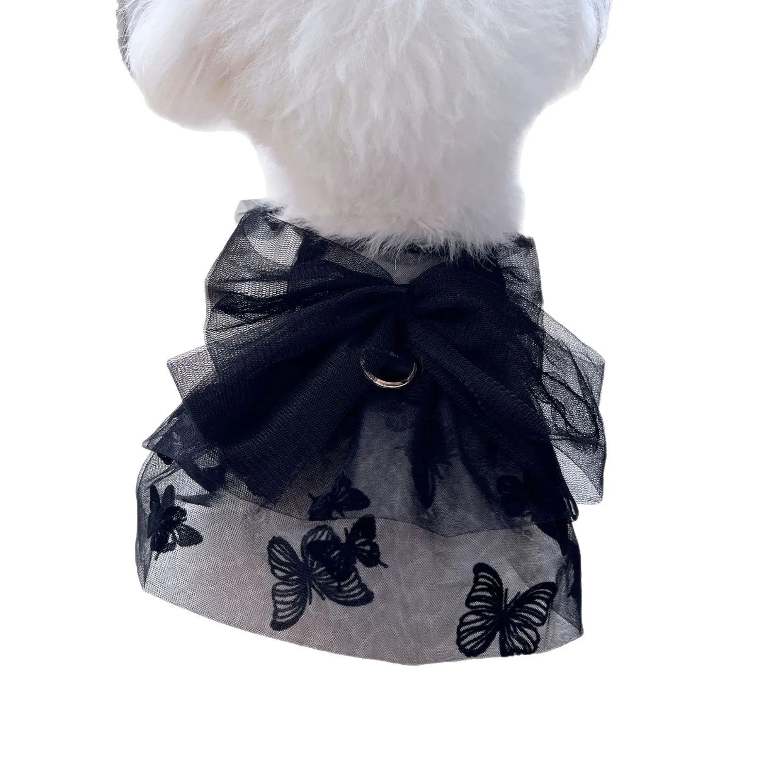 Black polyester tulle princess skirt for small dogs or cats shown on size chart