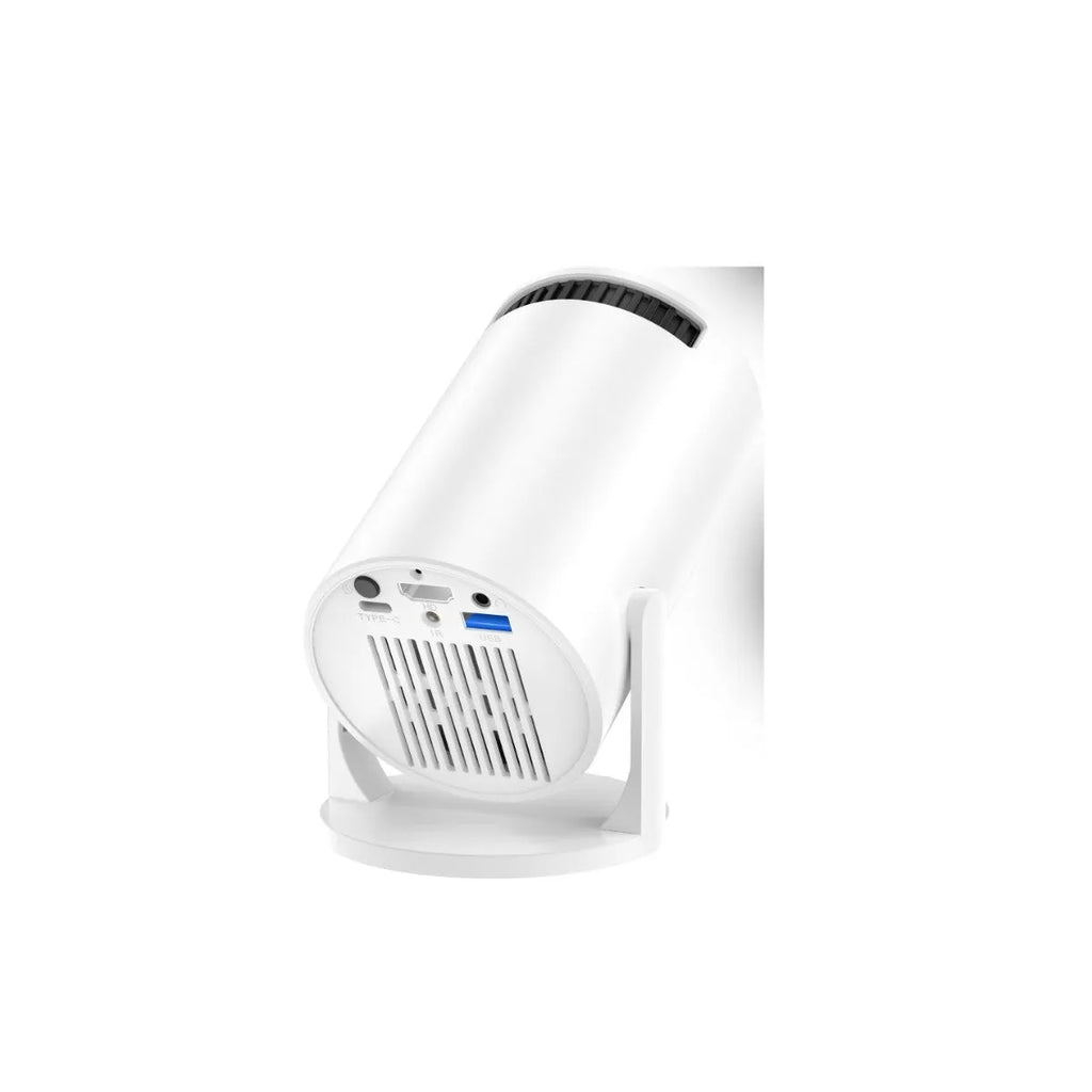 White mini portable wireless projector showing 1080p HD resolution and same-screen mirroring capability