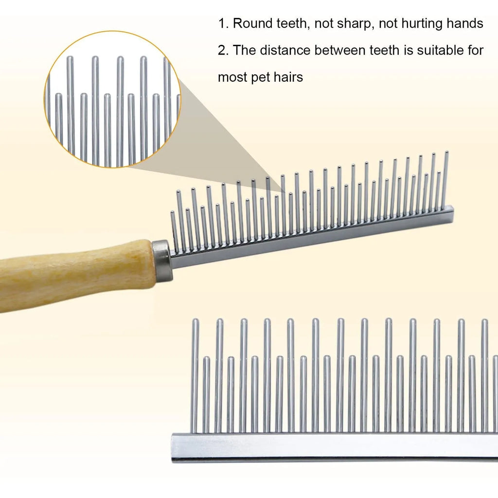 Wooden handle pet grooming comb with rounded needles for dogs and cats