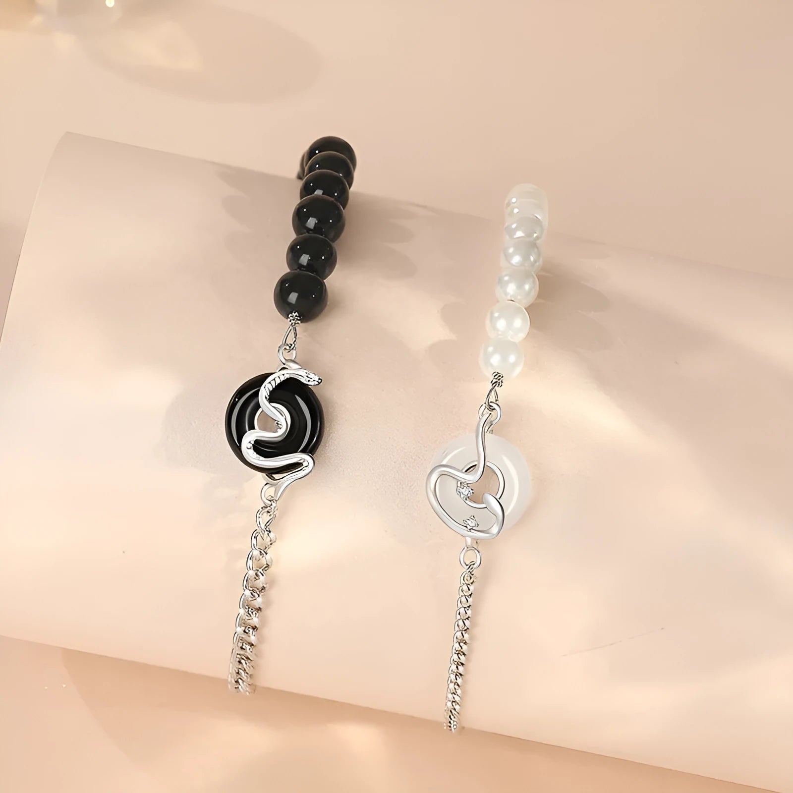 925 sterling silver Chinese obsidian pearl bracelet with safety buckle and zodiac snake design for couples