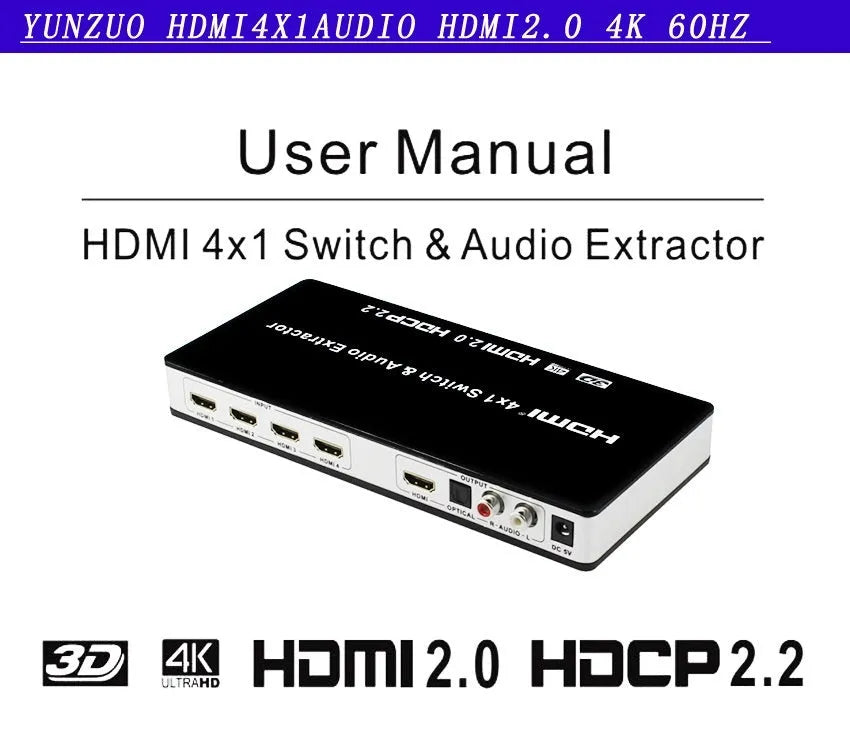 Black HDMI audio extractor switch with 4 inputs 1 output and remote control