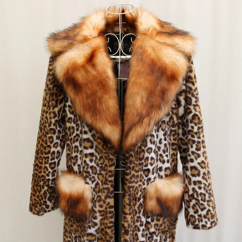 Women's long leopard print artificial fur jacket on a hanger, showing regular sleeves and 80cm length.