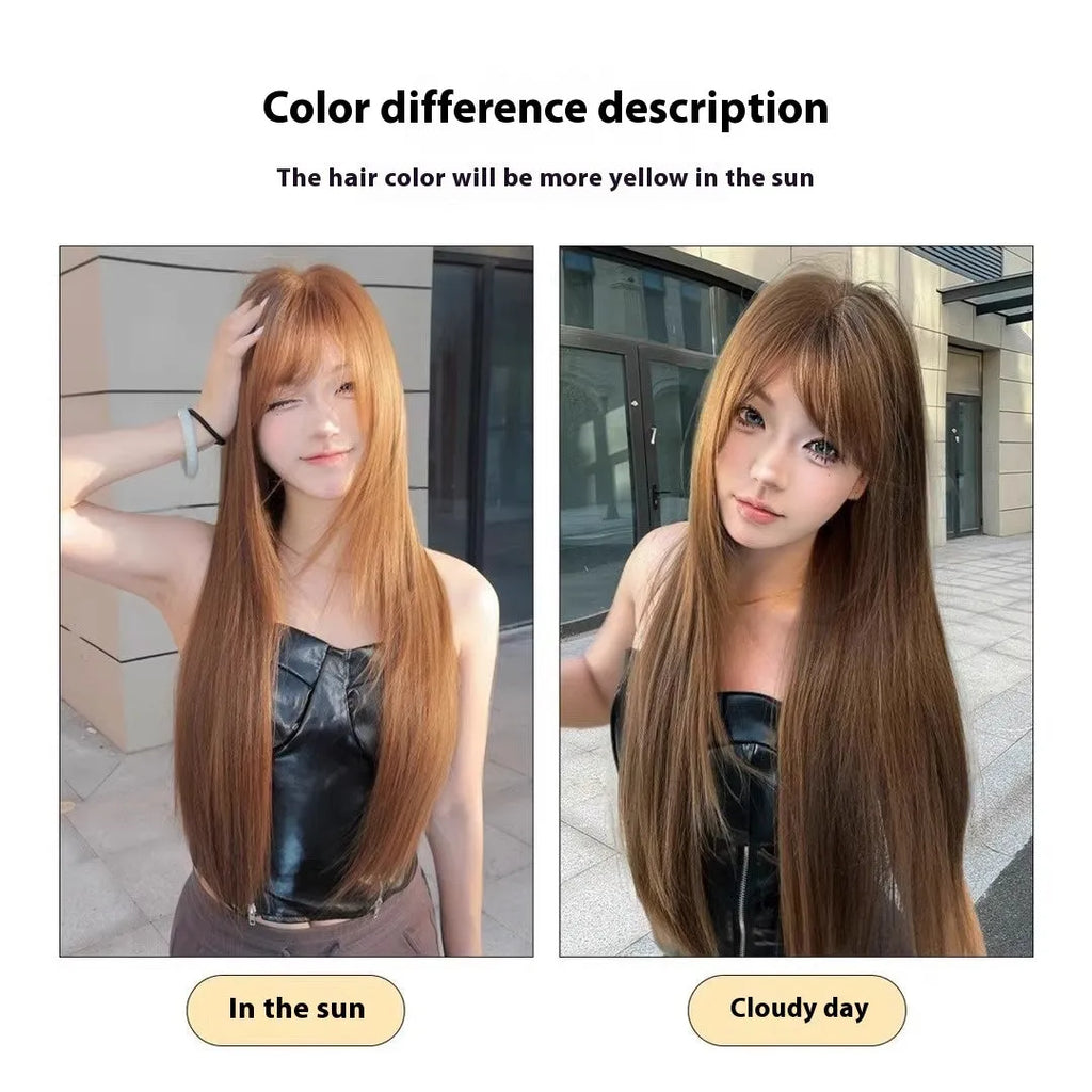 Warm brown long straight synthetic wig with a full fringe on a model.