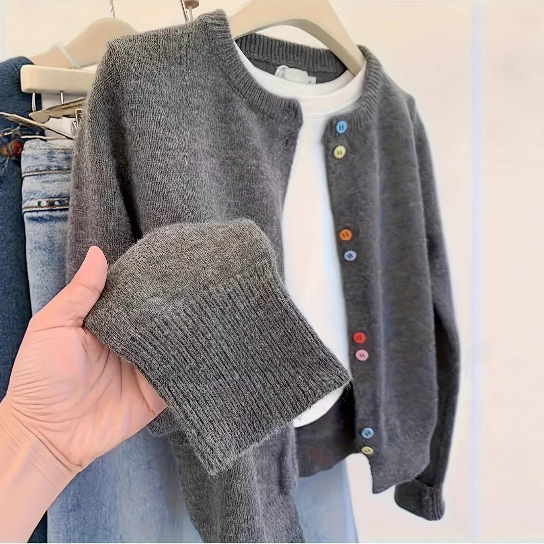 Dark grey women's cardigan sweater with button front, regular length, Asian sizing options