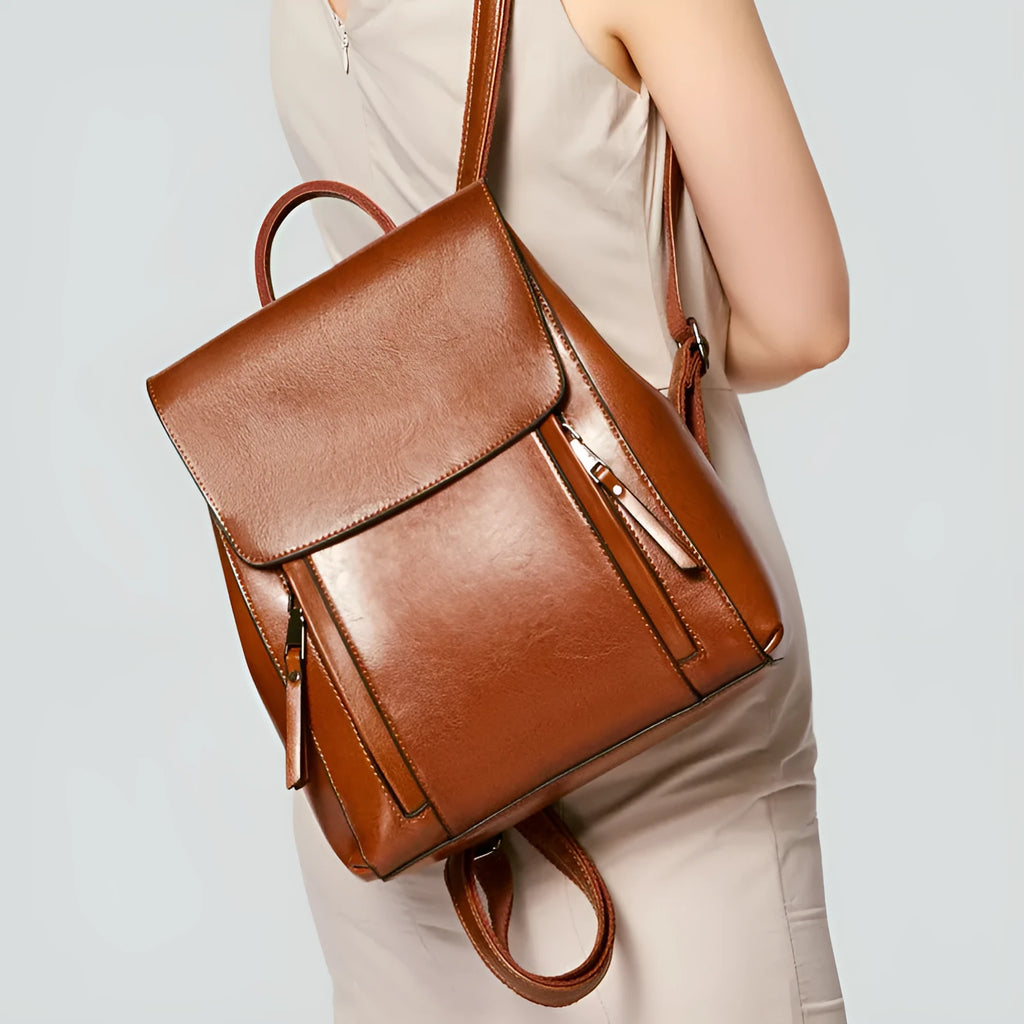 Genuine leather backpack in square vertical design with double shoulder straps