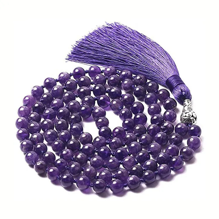 Long multi-stone agate and amethyst tassel necklace with blue pattern, geometric beads.