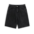 Men's straight-leg denim shorts in light blue, white, black and grey colours showing mid waist design