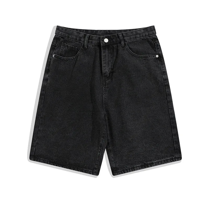 Men's straight-leg denim shorts in light blue, white, black and grey colours showing mid waist design