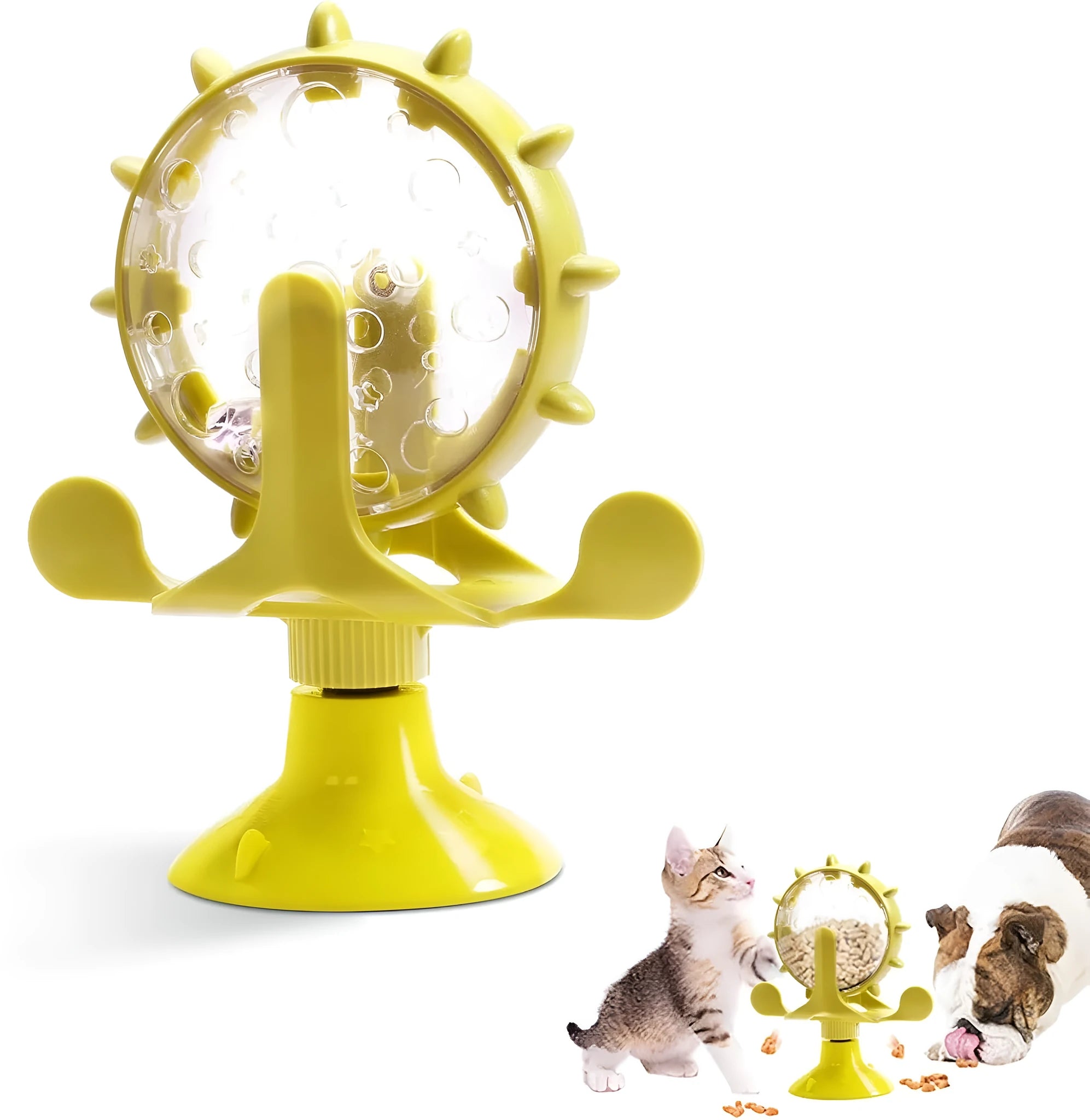 Blue interactive pet puzzle toy with spinner and suction cup base for cats and small dogs