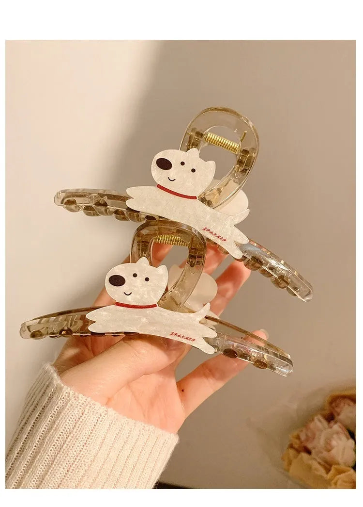 Cartoon puppy barrette hair clip in beige or brown with puppy handle design measuring 13cm or 8cm