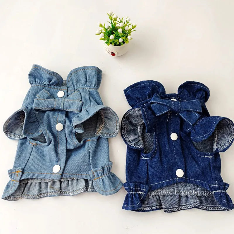Blue denim pet dog dress with ruffle vest styling and leash hooks at chest and back