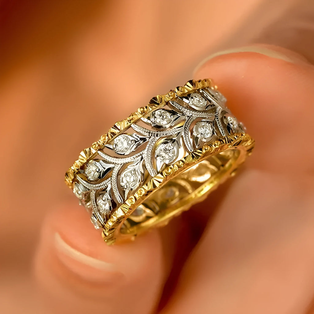 Two-tone wheat leaf ring with inlaid zircon, unisex copper band in gold and silver, sizes No 6 to No 10