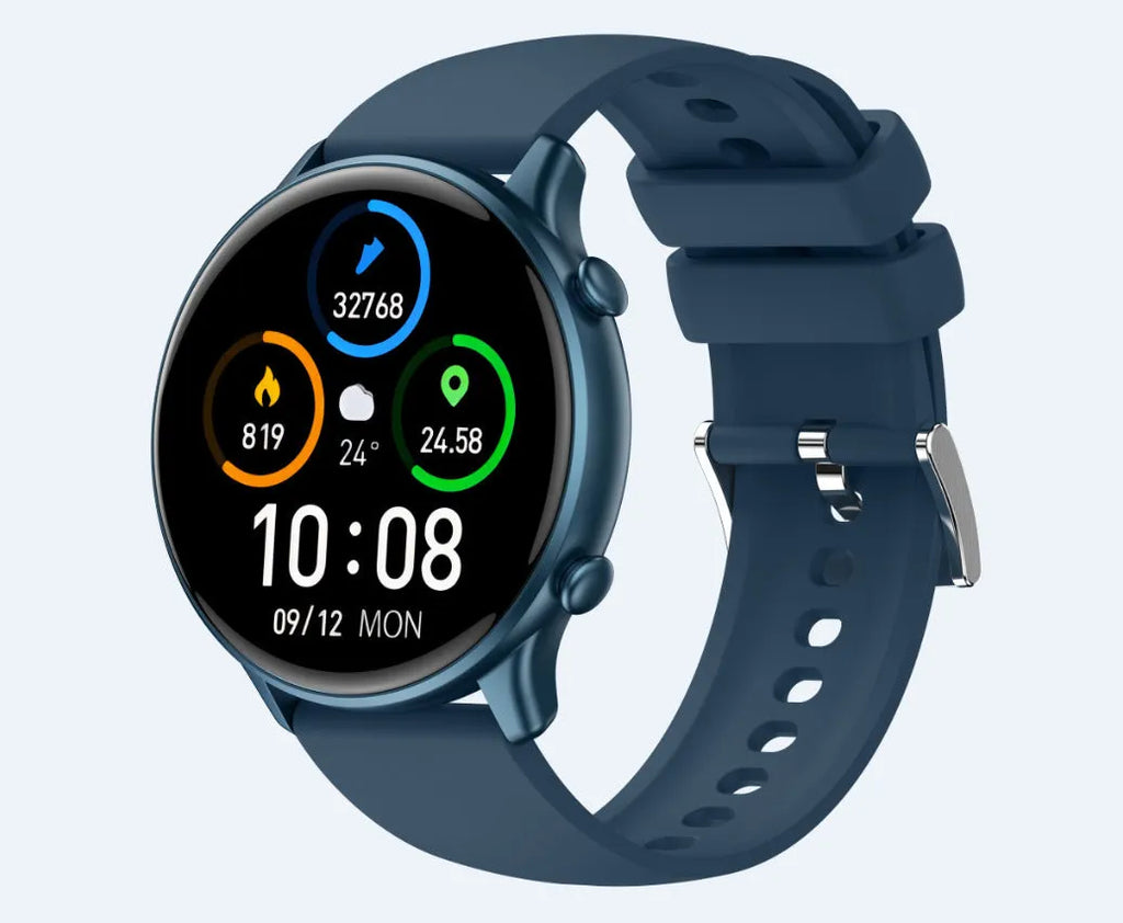 Round touch screen smart sports watch with heart rate monitor on silicone strap