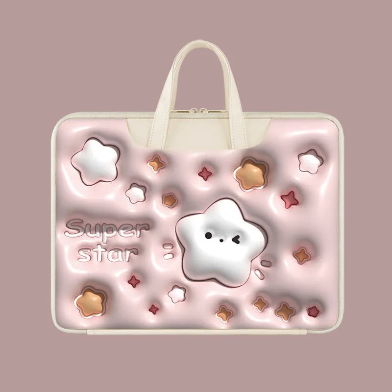 Inflatable laptop bag showing luggage attachment feature and available in multiple colour patterns
