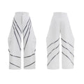 Men's black polyester trousers with metal striped rivets and pleated detail on a white background.