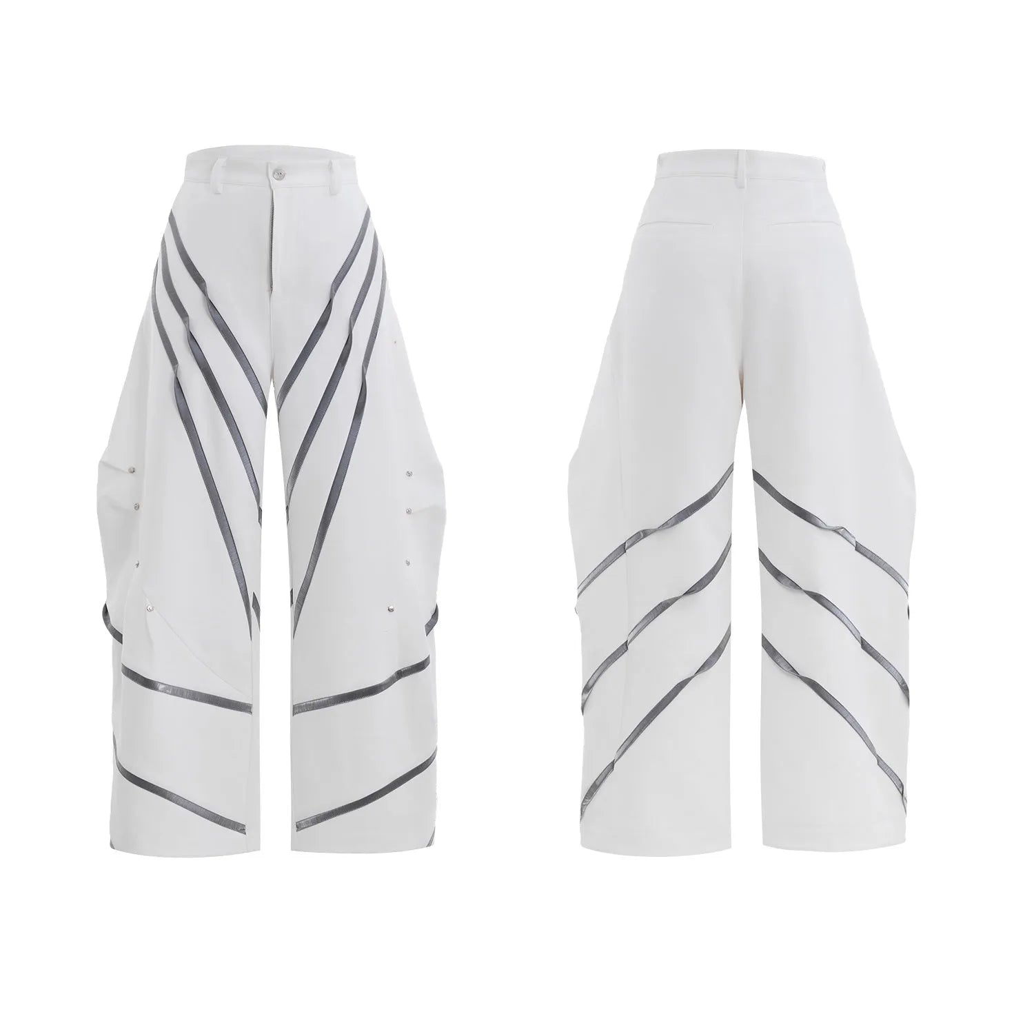 Men's black polyester trousers with metal striped rivets and pleated detail on a white background.