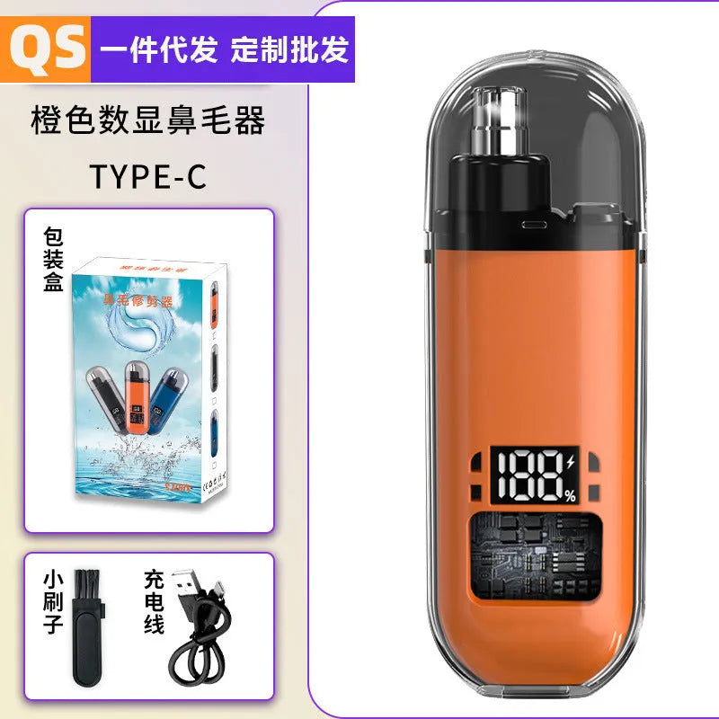 Rechargeable nose hair trimmer with digital display showing black, blue and orange colour options