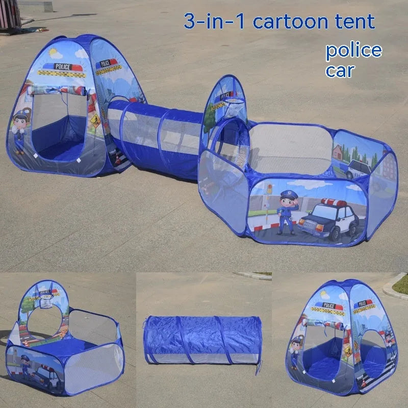 Colourful three-in-one children's play tent with ball pool and crawl tunnel in a marine cartoon theme.